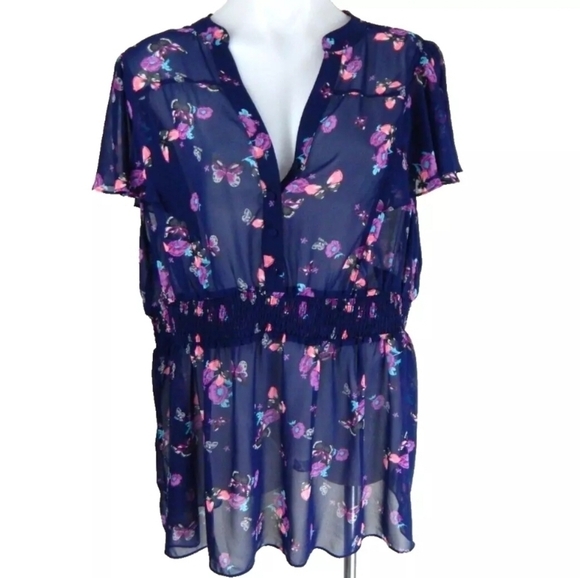 torrid Tops - Torrid Blue Butterfly Floral Sheer Top
